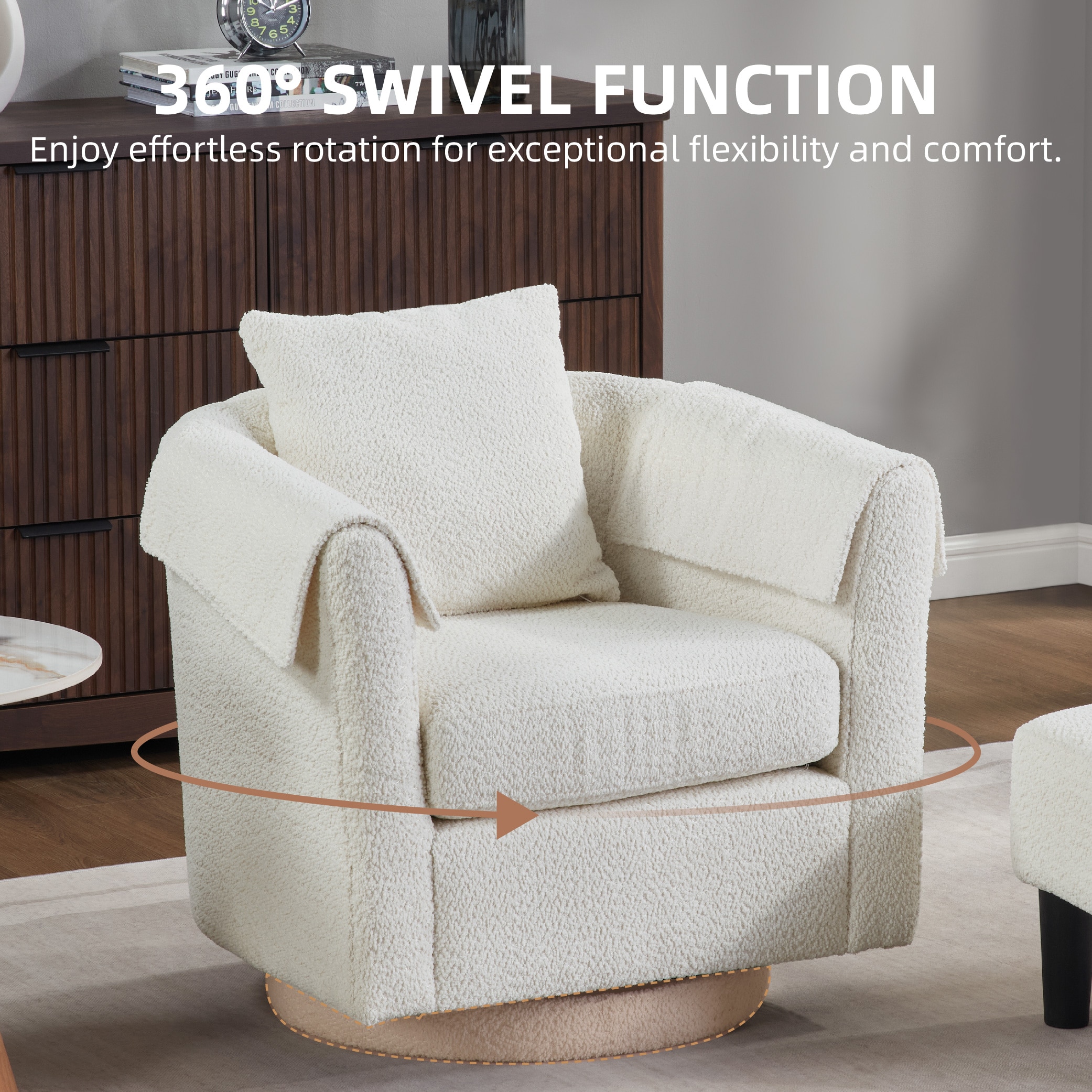 Swivel Accent Chair with Ottoman Set, Modern Chenille Barrel Armchair with Removable Back Pillow & 2 Armrest Covers for Living Room, Bedroom, Office, White